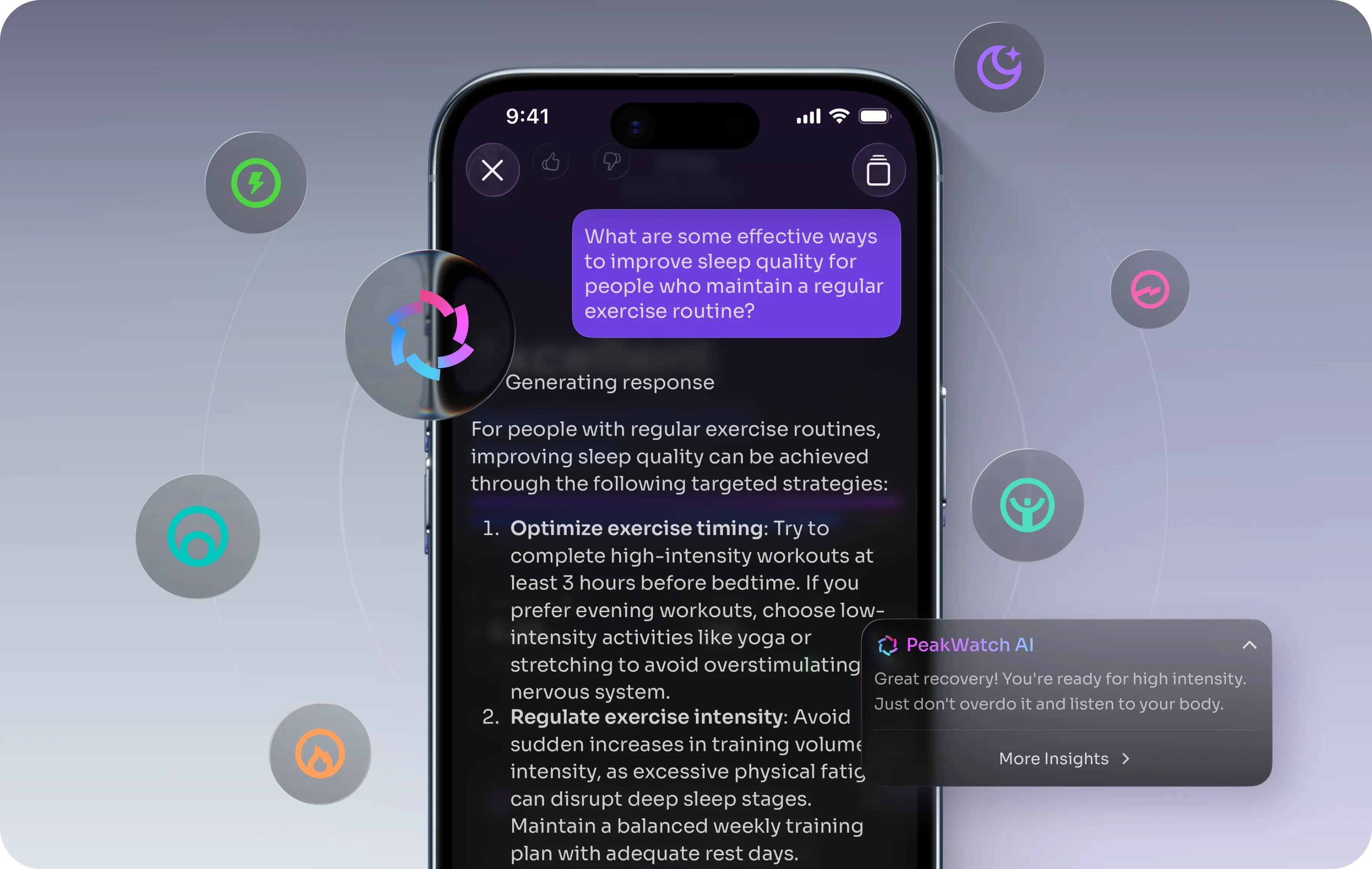 PeakWatch AI provides personalized insights about sleep, recovery, exertion, and training.