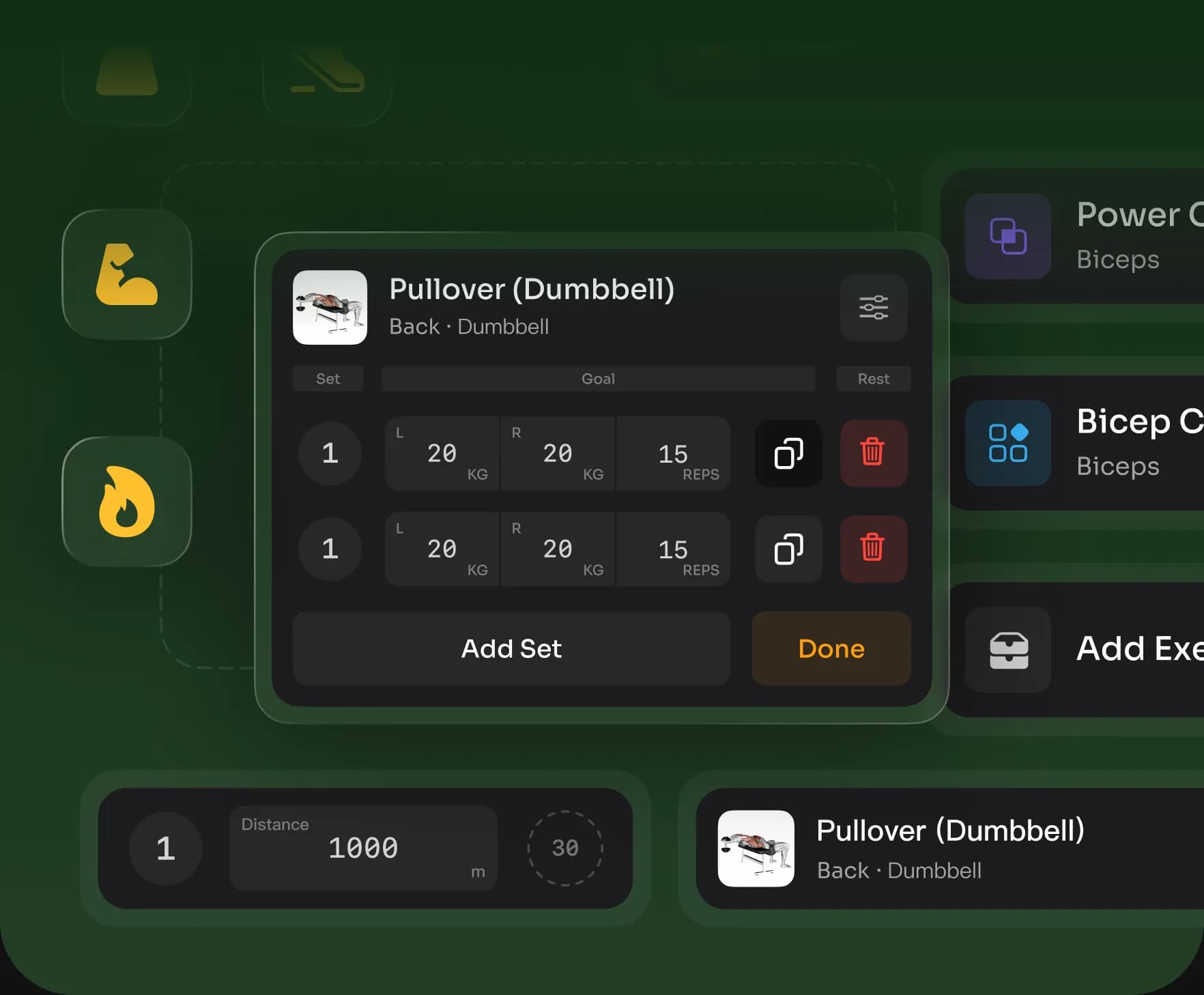 Customize exercises, sets, weights, reps, and rest intervals in the workout builder.